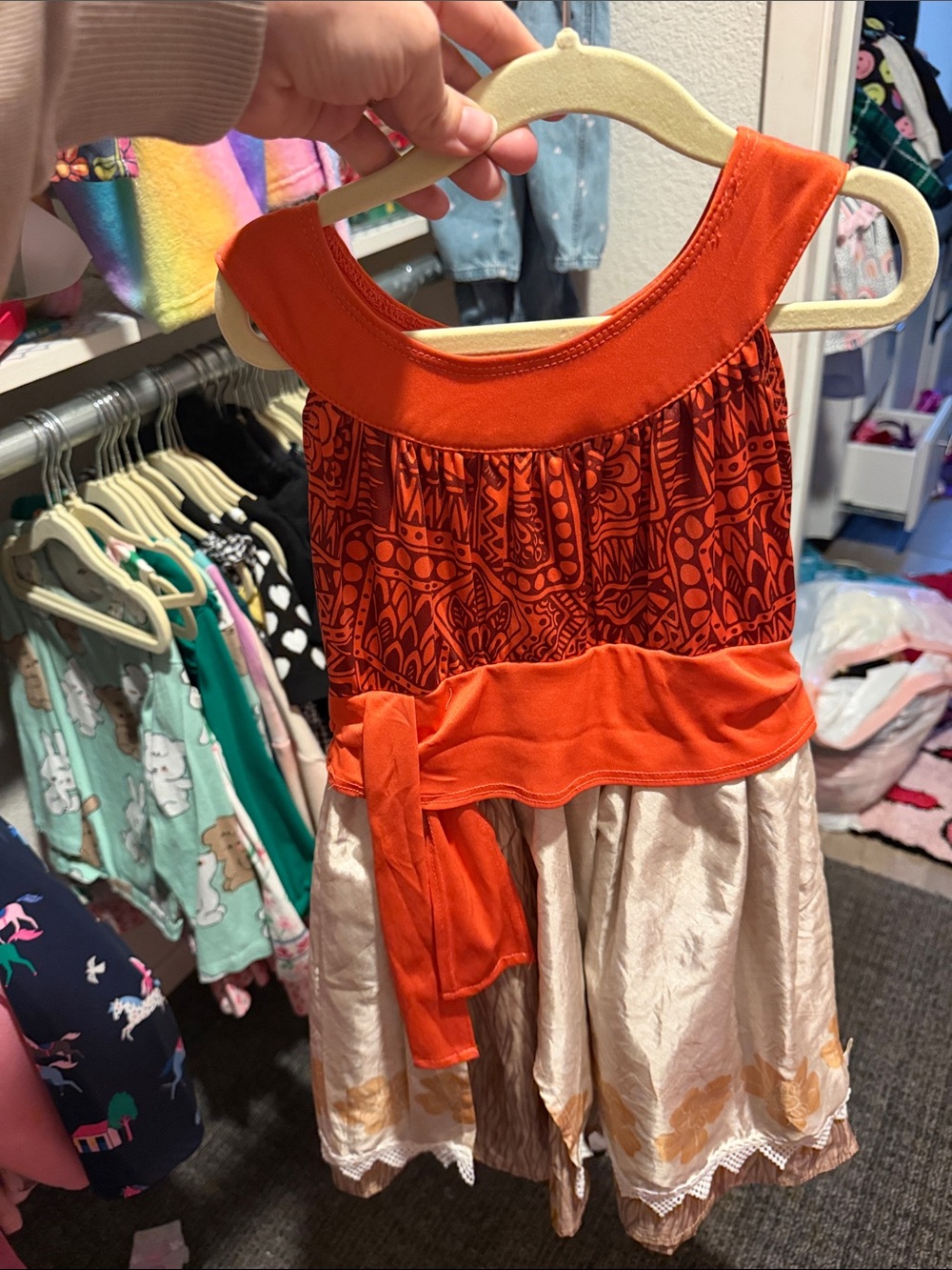 Moana Girls Orange Patterned Tank Top Dress with Cream Skirt and Sash